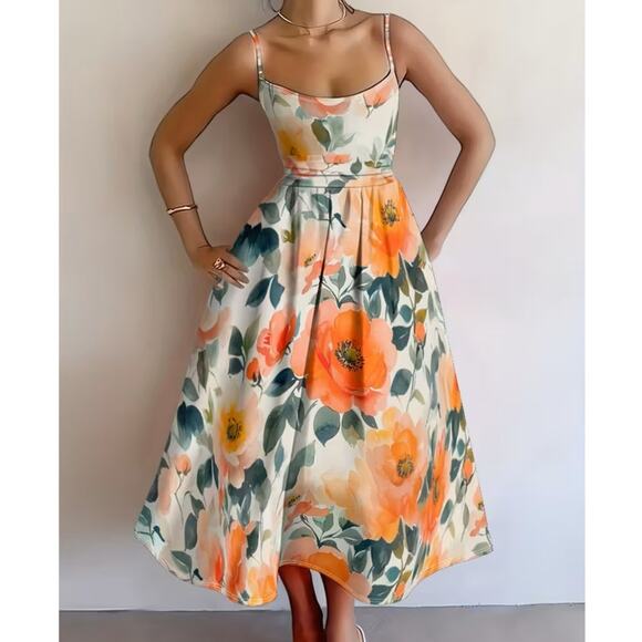NWT ~ Orange Flowers Floral Spaghetti Straps Fit & Flare Midi Dress ~ SMALL - Picture 1 of 3